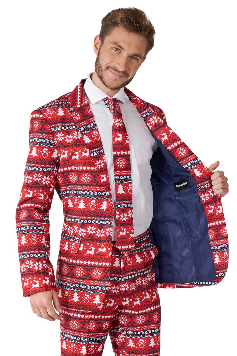 Nordic Pixel Trim Fit Suit & Tie, Alternate, color, RED