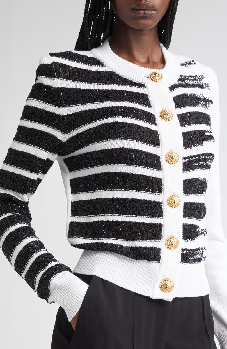 Balmain Makeup Stripe Sequin Cardigan, Alternate, color, White/ Black