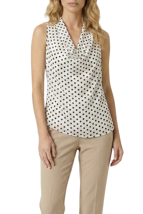 Sleeveless Polka Dot Drape Neck Waist Tie Blouse