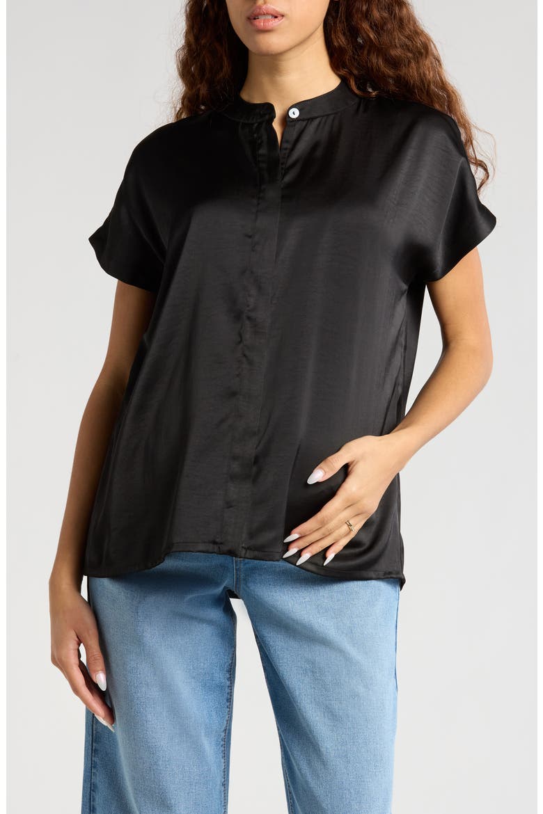 Women's Short Sleeve Satin Maternity Shell Top with Concealed Nursing Zip, Main, color, BLACK