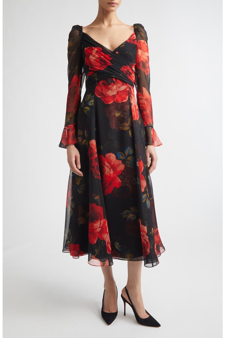 Rose Print Long Sleeve Cross Front Silk Chiffon Midi Dress, Main, color, BLACK MULTI