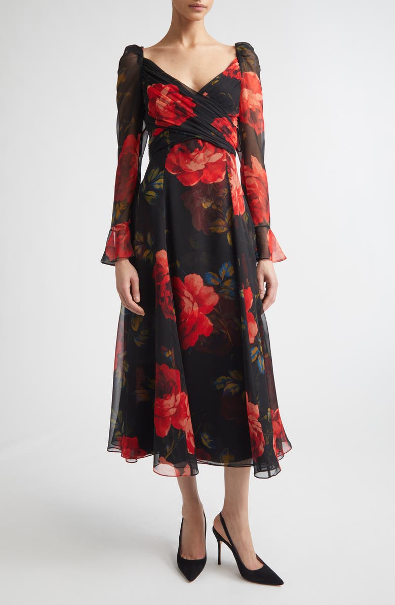 Carolina Herrera Rose Print Long Sleeve Cross Front Silk Chiffon Midi Dress, Main, color, Black Multi