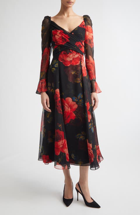 Rose Print Long Sleeve Cross Front Silk Chiffon Midi Dress