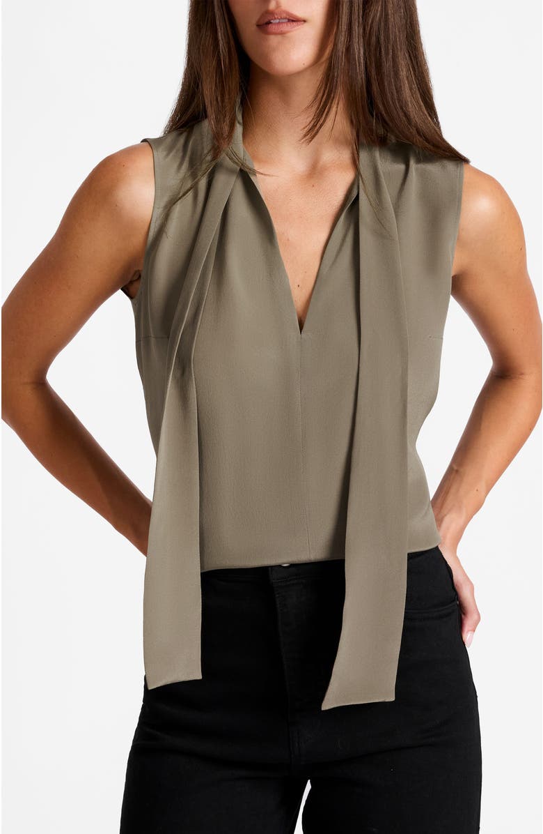 Santorelli Teca Silk Sleeveless Tie Neck Blouse, Alternate, color, Sahara