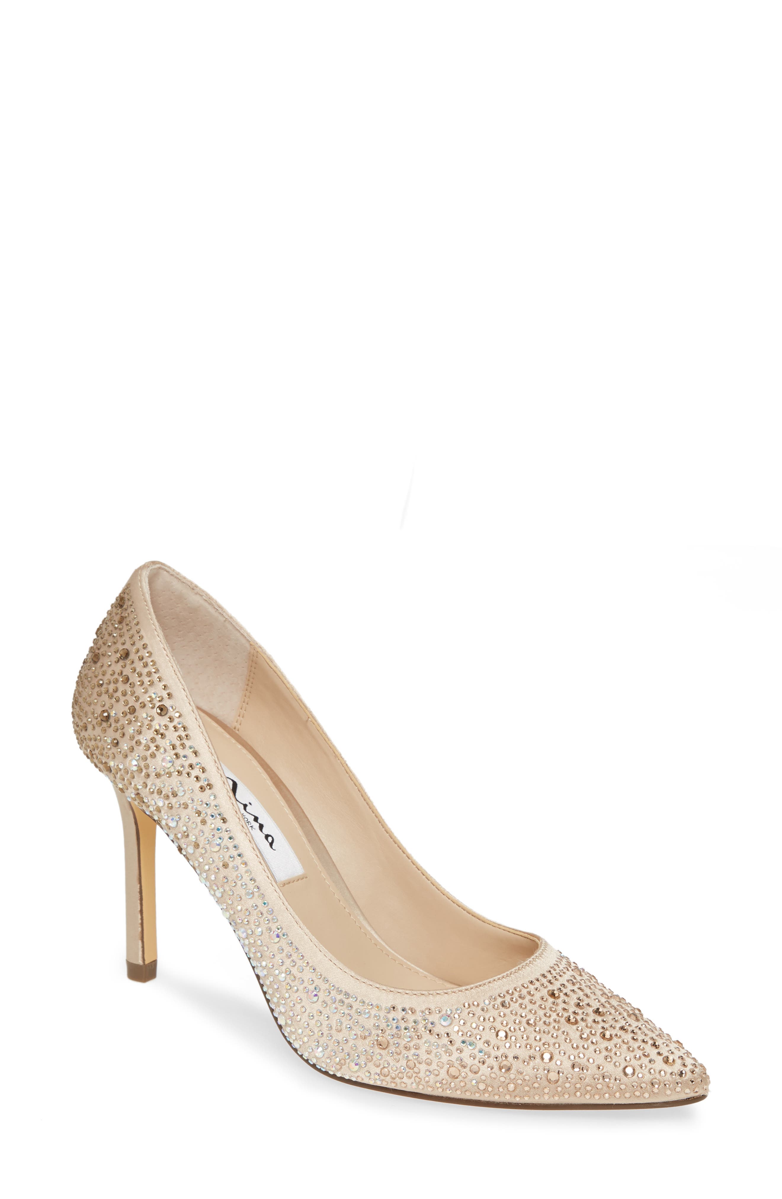 Nickie 2 Crystal Studded Pointy Toe Pump, Main, color, TAUPE SATIN