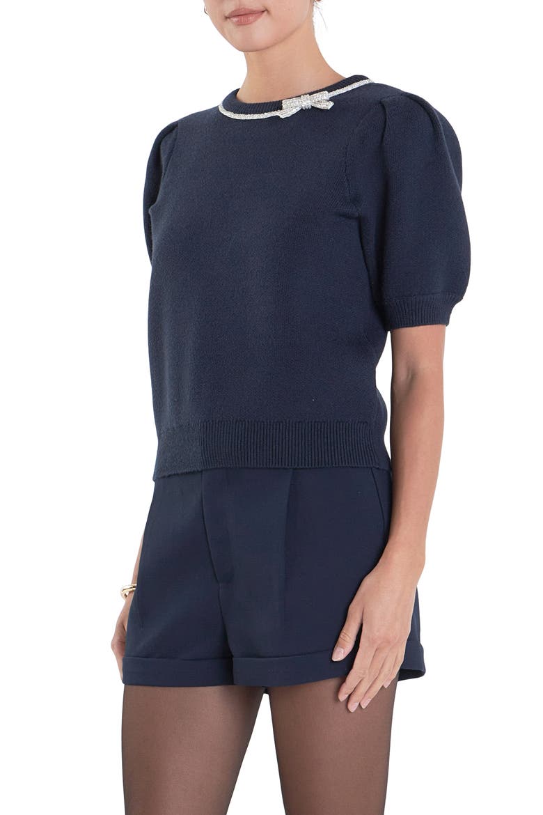 Crystal Embellished Bow Detail Puff Sleeve Sweater, Alternate, color, NAVY
