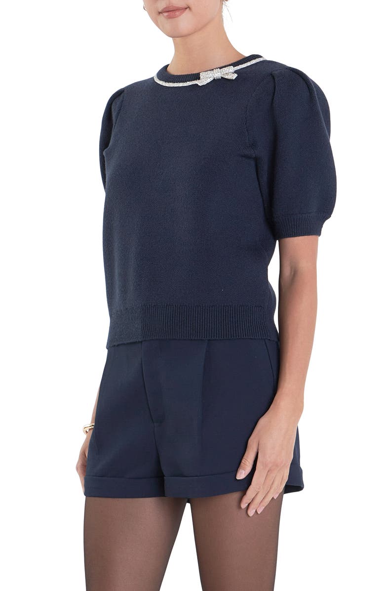 English Factory Crystal Embellished Bow Detail Puff Sleeve Sweater, Alternate, color, Navy