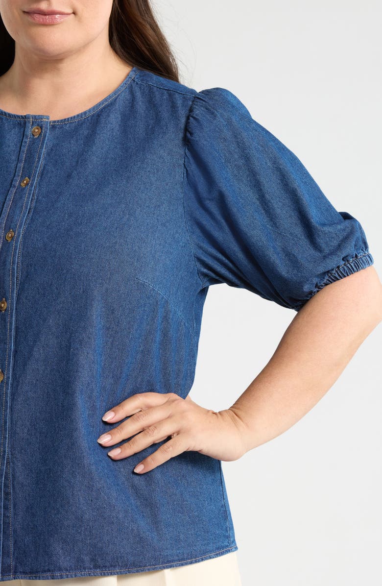 Anne Klein Puff Sleeve Denim Top, Alternate, color, Aries Wash