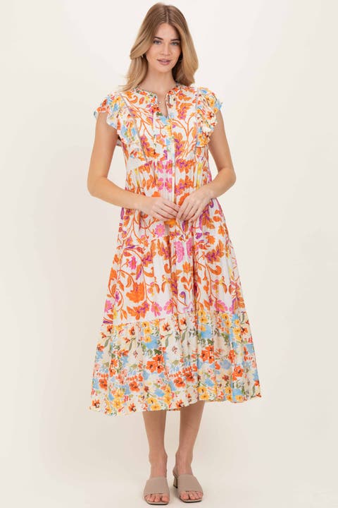 Colorblock Floral Tassel Front Tie Dress