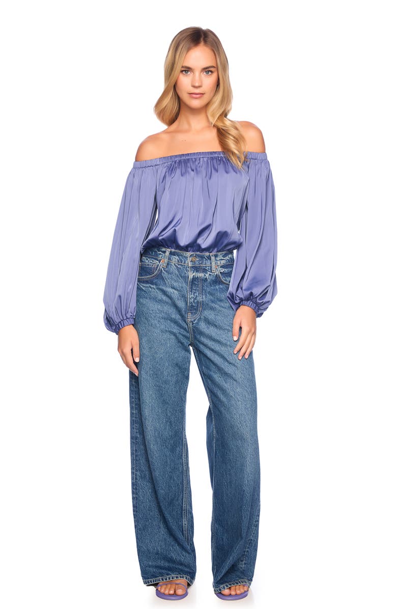 Susana Monaco Off the Shoulder Matte Satin Blouson Bodysuit, Alternate, color, Mediterranean