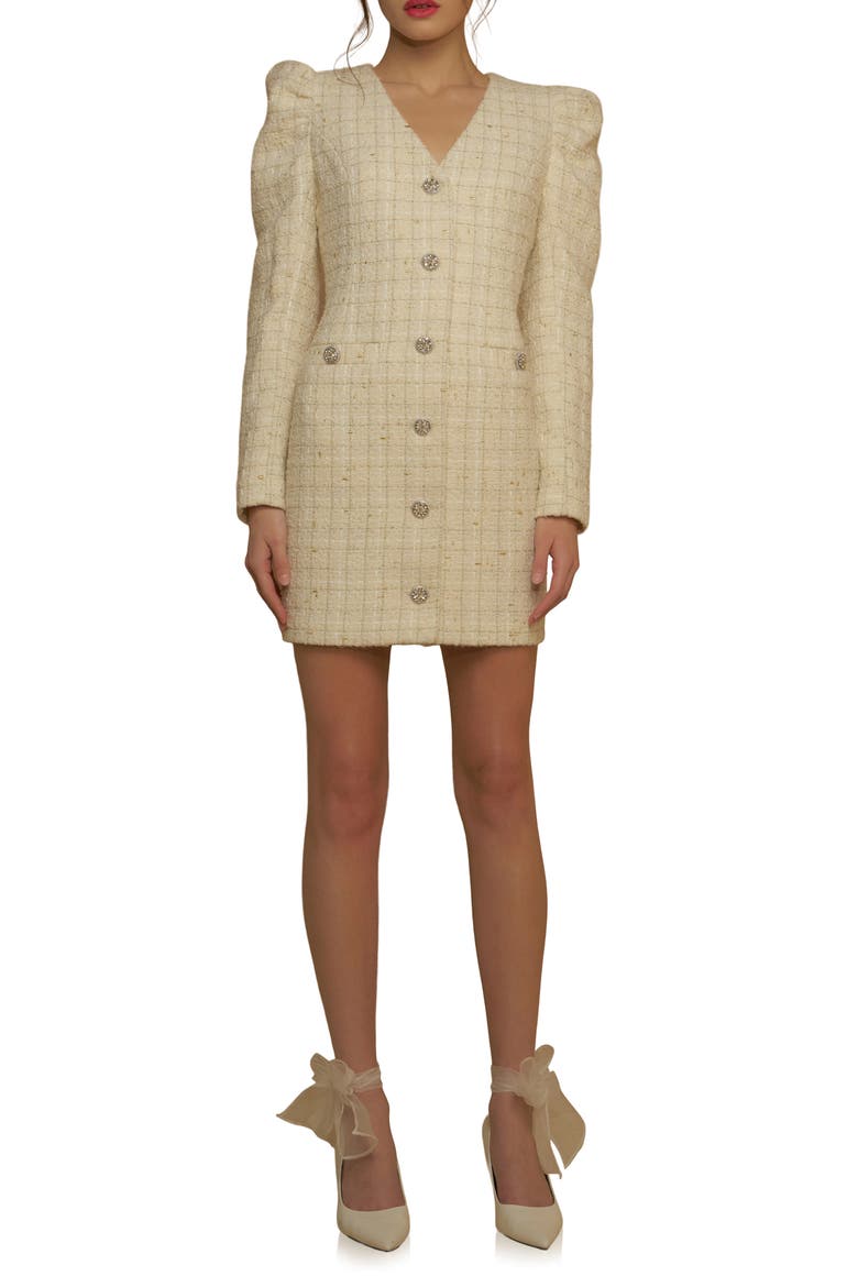 Premium Long Sleeve Tweed Mini Dress, Main, color, IVORY