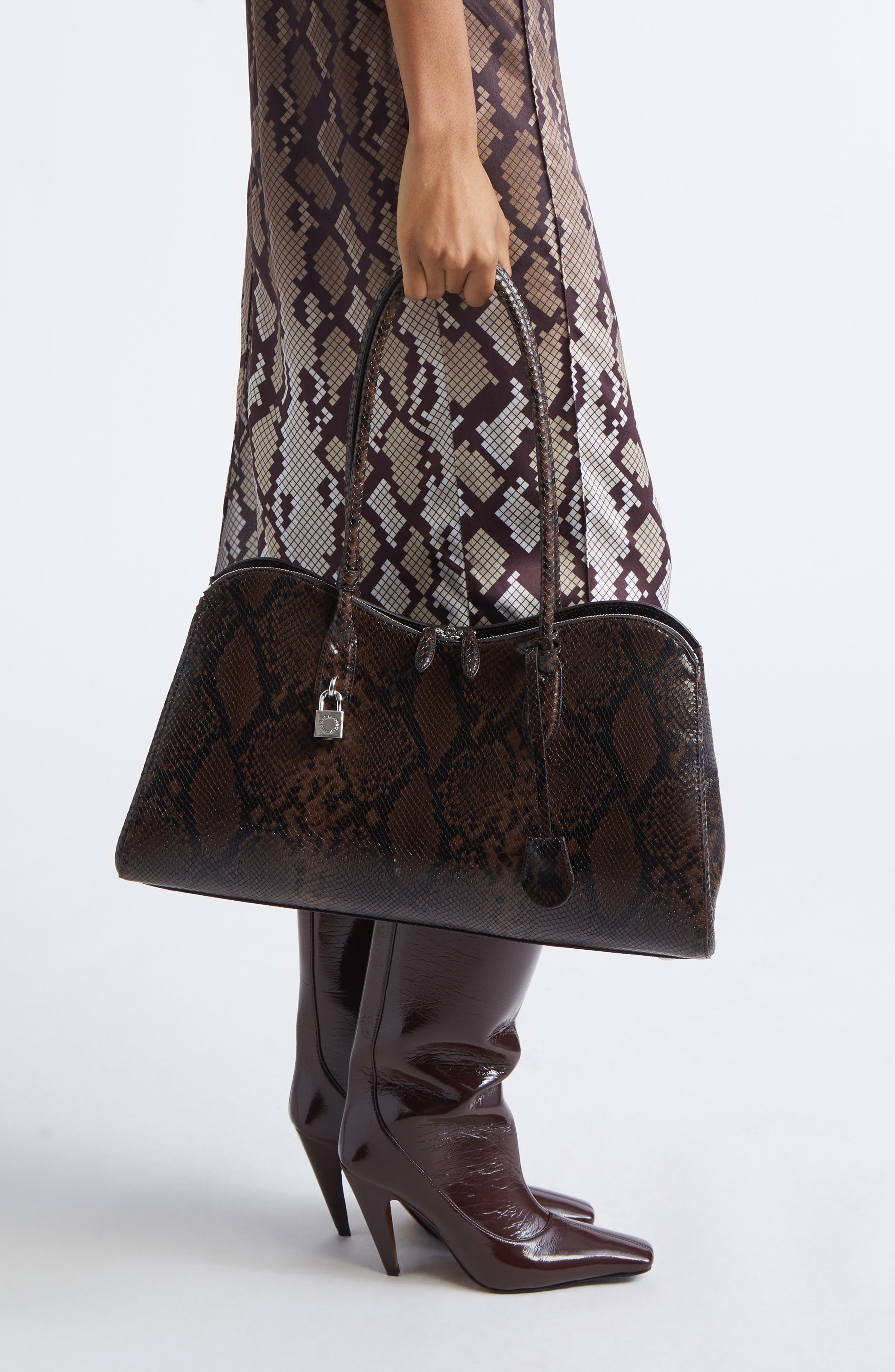 Stella McCartney Ryder Snakeskin Embossed Faux Leather Tote, Alternate, color, Espresso