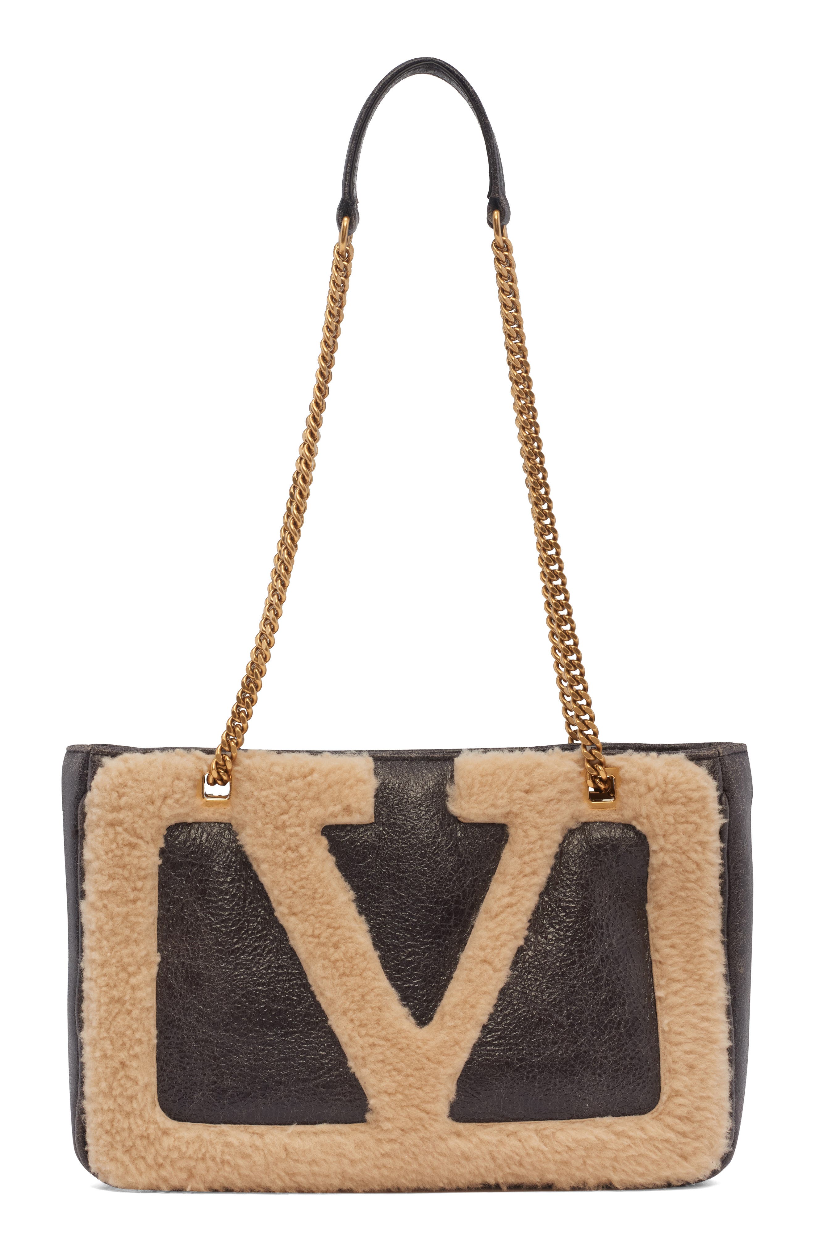 Valentino Garavani Small Viva Superstar Genuine Shearling Trim Tote, Main, color, Fango/ Dark Beige