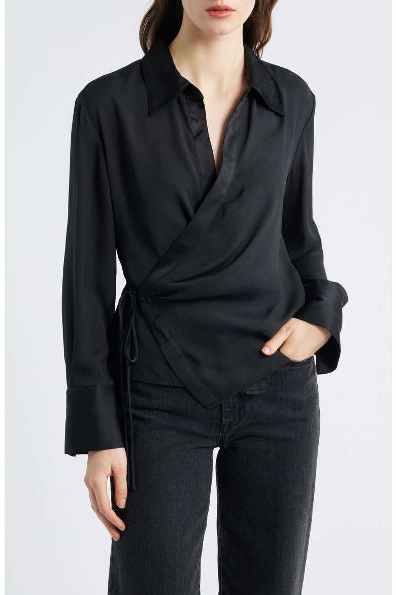 Rider Wrap Satin Shirt, Main, color, BLACK