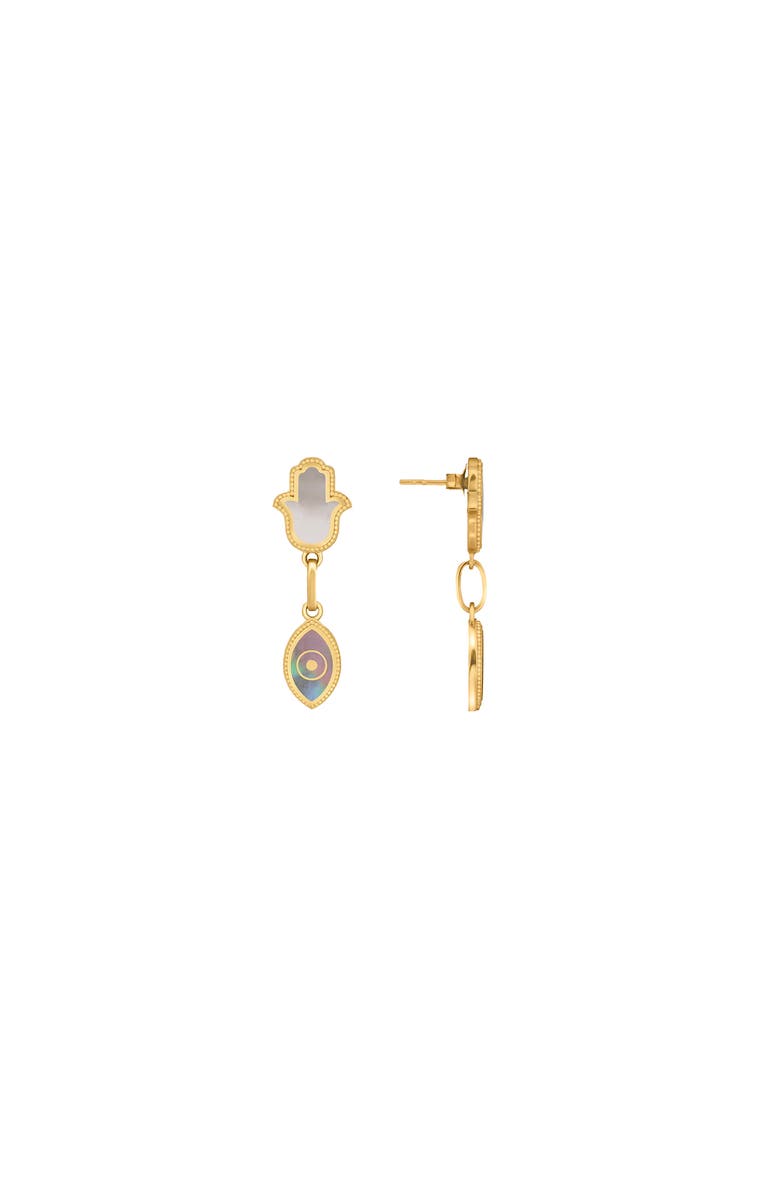 Karma and Luck Boundless Joy Hamsa & Evil Eye Mother of Pearl Earrings, Alternate, color, Gold/Grey