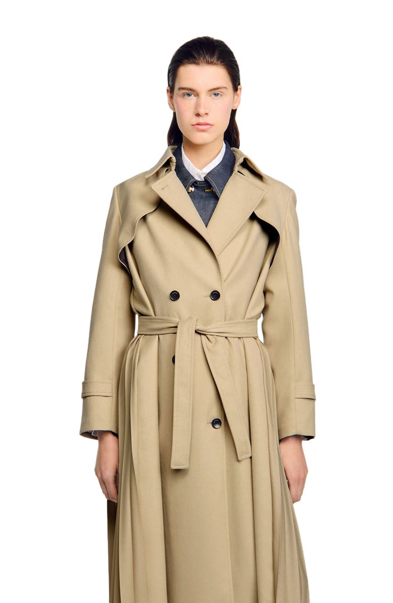 SANDRO Belted double-breasted trench, Alternate, color, Beige