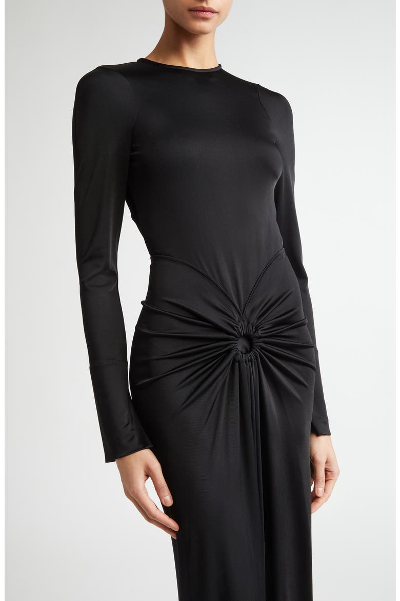 Long Sleeve Gathered Jersey Midi Dress, Alternate, color, BLACK