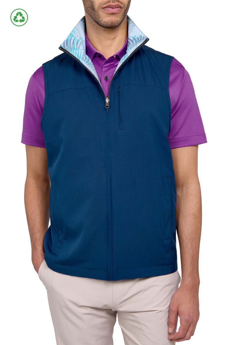 CONSTRUCT Regular Fit Leaf Print Recycled Performance Reversible Vest, Main, color, Navy