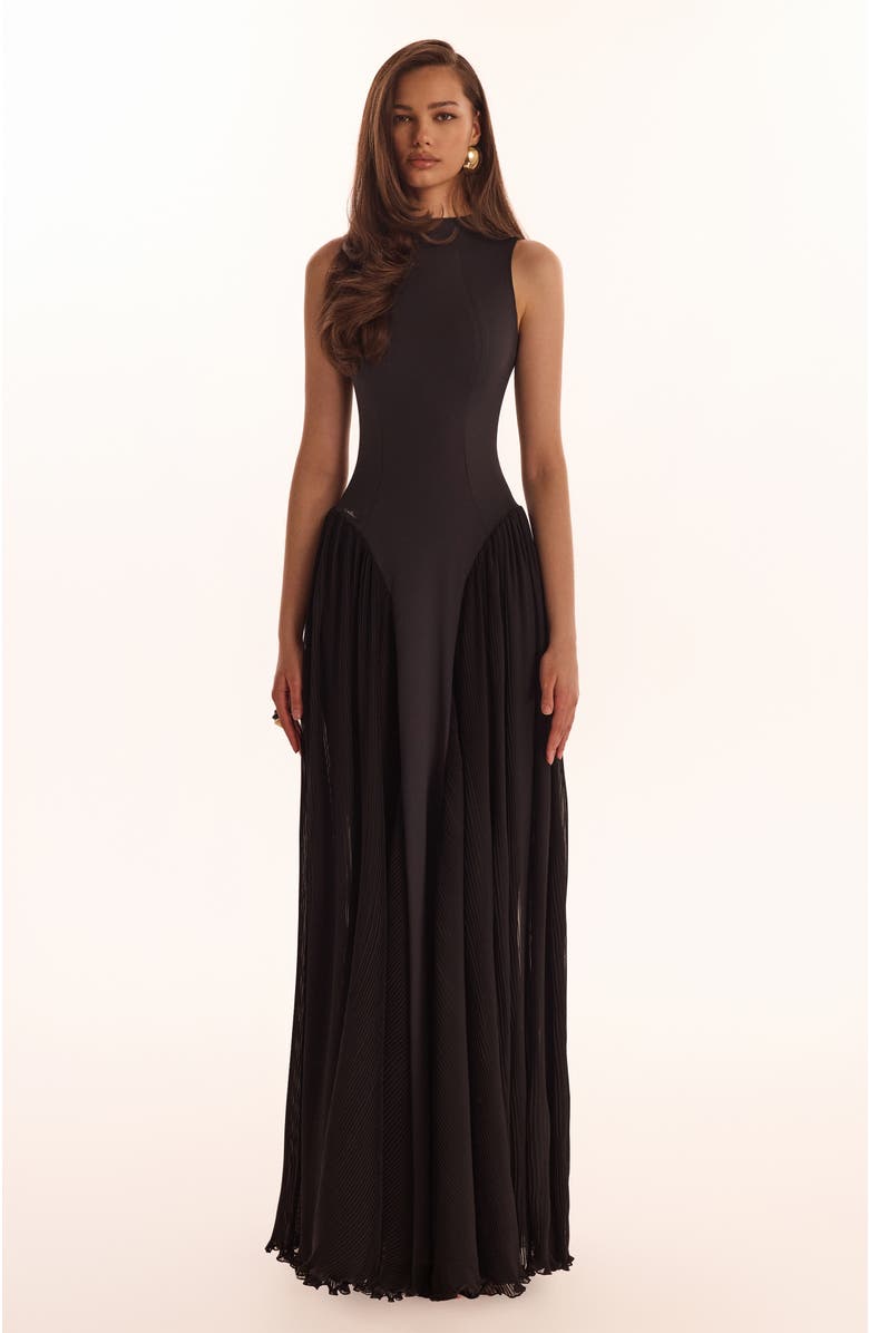 Milla Fitted Mock Neck Formal Maxi Dress in Black, Main, color, Black