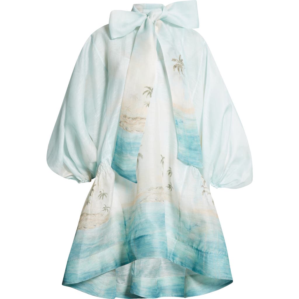 Zimmermann Seascape Print Long Sleeve Organza Minidress In Blue Seascape