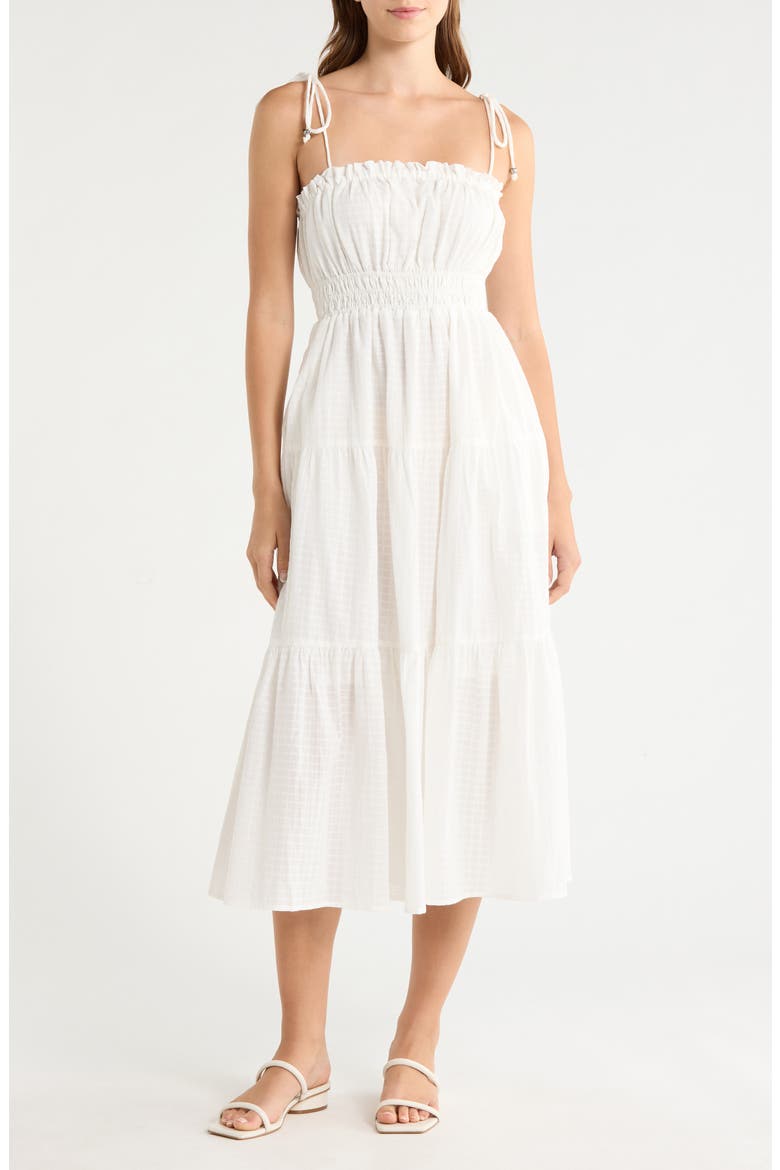 Ruffle Shirred Tie Strap Tiered Cotton Seersucker Cover-Up Sundress, Main, color, WHITE