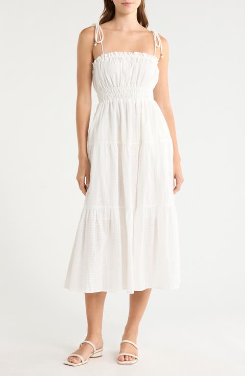 Ruffle Shirred Tie Strap Tiered Cotton Seersucker Cover-Up Sundress