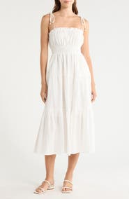 Elan Ruffle Shirred Tie Strap Tiered Cotton Seersucker Cover-Up Sundress