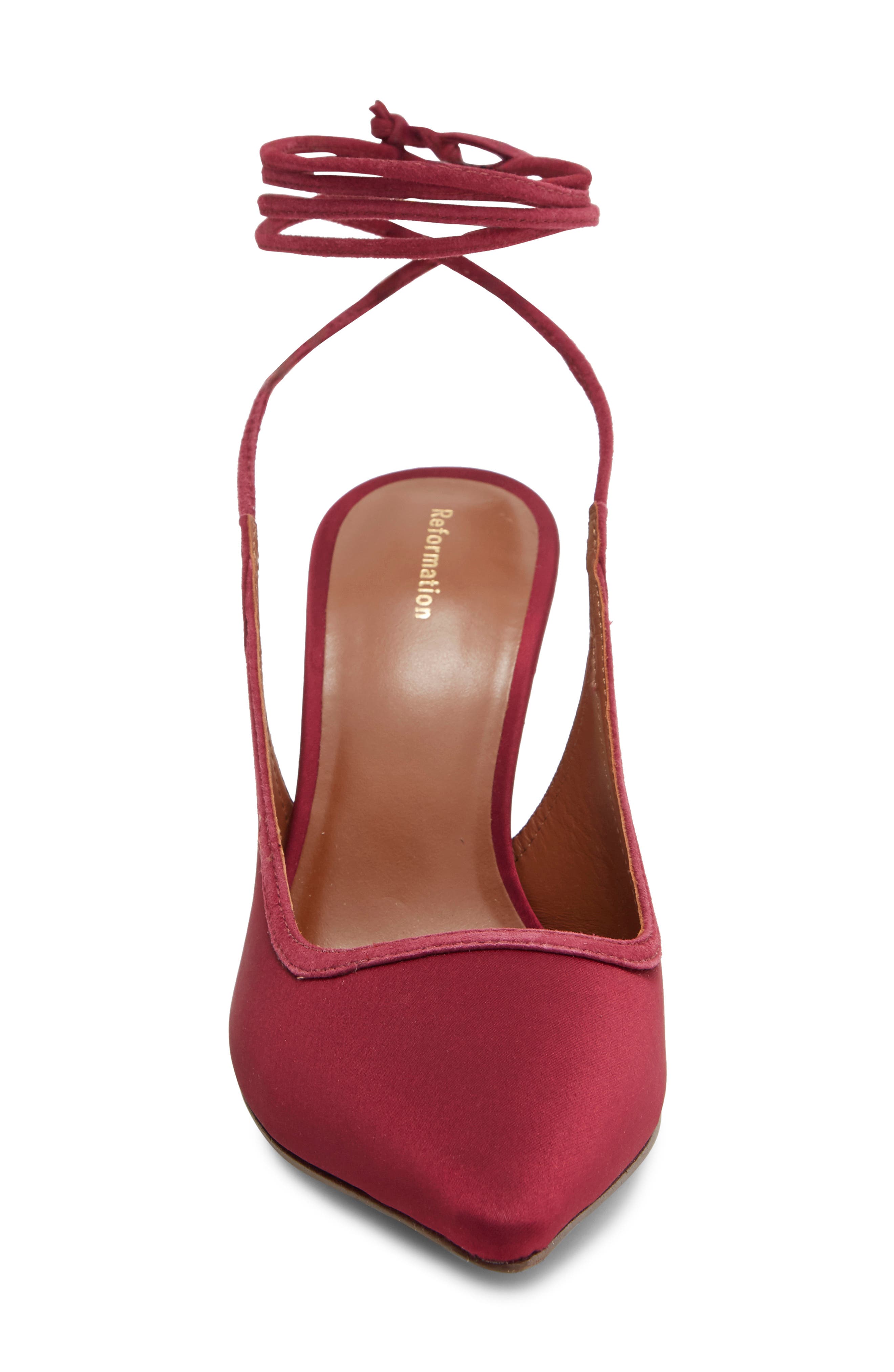 Paris Heeled Ankle Tie Pump, Alternate, color, DARK CHERRY SATIN