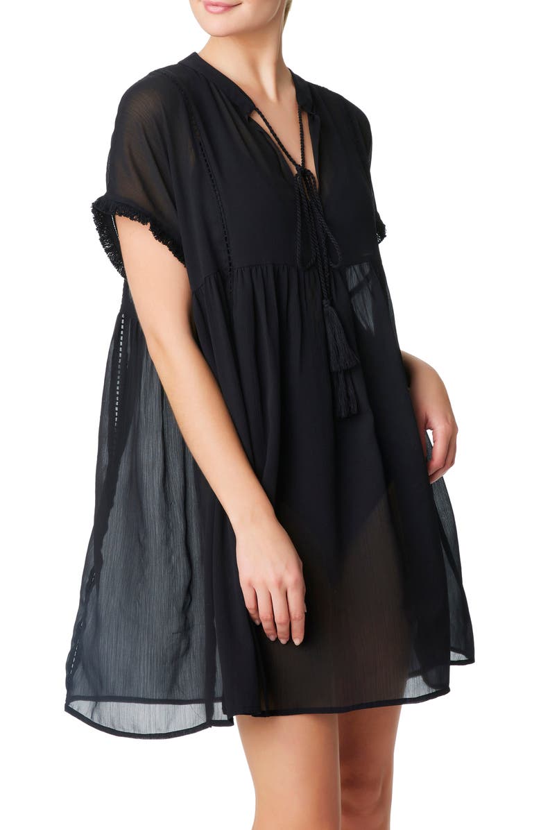 BLEU by Rod Beattie Ladder Stitch Fringe Cover-Up Dress, Alternate, color, Black