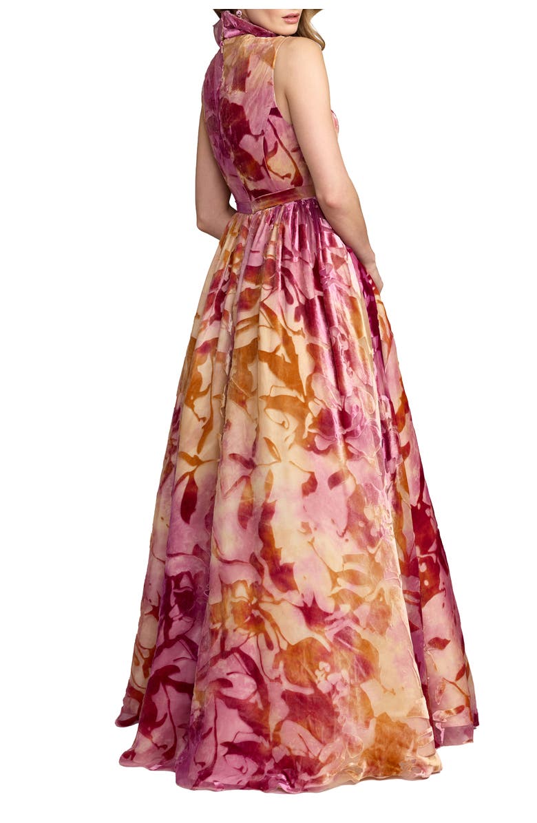 Mac Duggal Burnout Organza Ruffle V Neck Detail Ballgown, Alternate, color, Orchid Multi