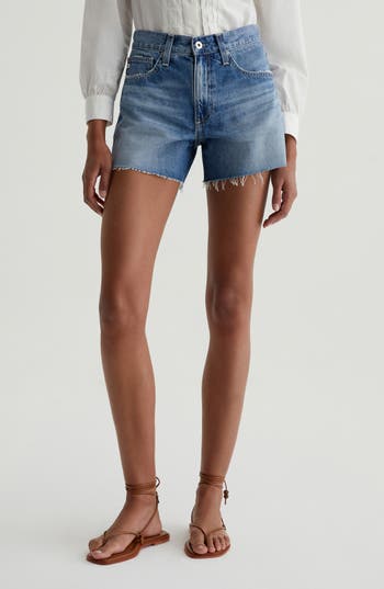 Ag Ex-boyfriend Distressed Raw Hem Mid Length Denim Shorts