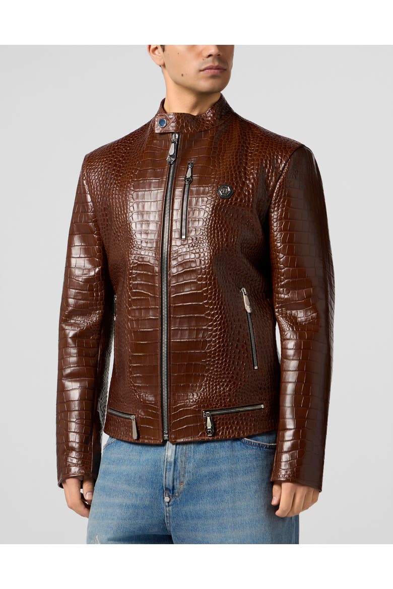 Leather Moto Jacket Cocco Men, Main, color, brown