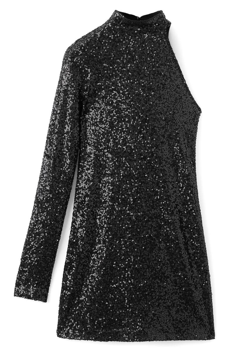 MANGO TEEN Asymmetric Sequin Mock Neck Minidress, Alternate, color, Black