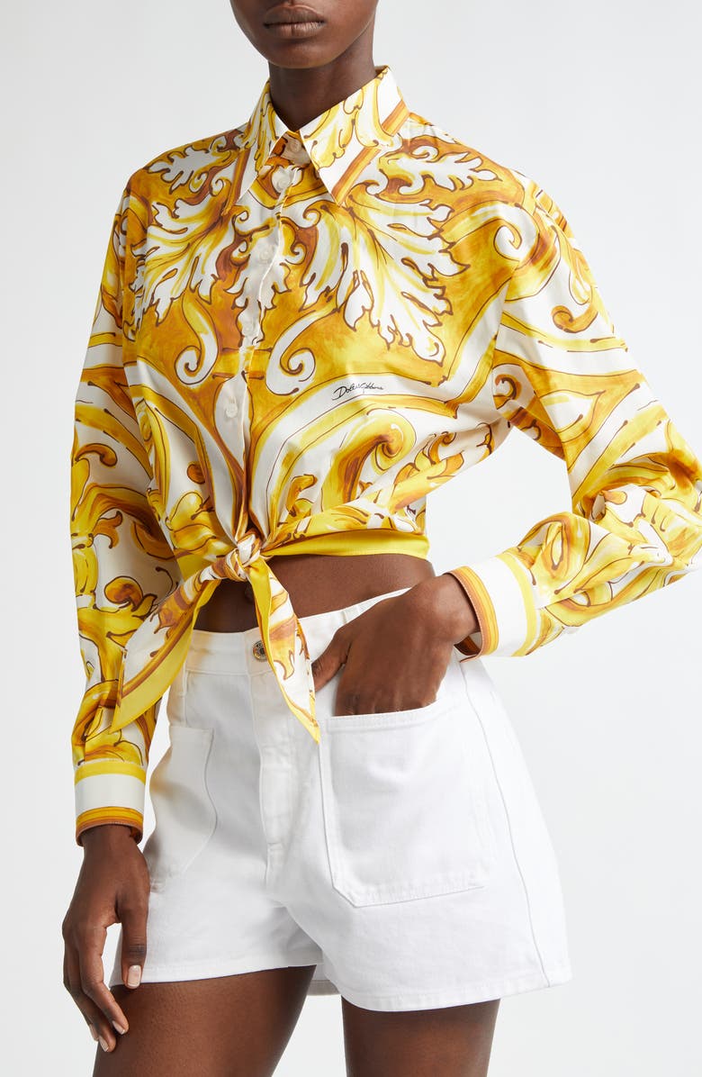 Dolce&Gabbana Majolica Tie Hem Cotton Button-Up Shirt, Alternate, color, Mix Maiolica Giall