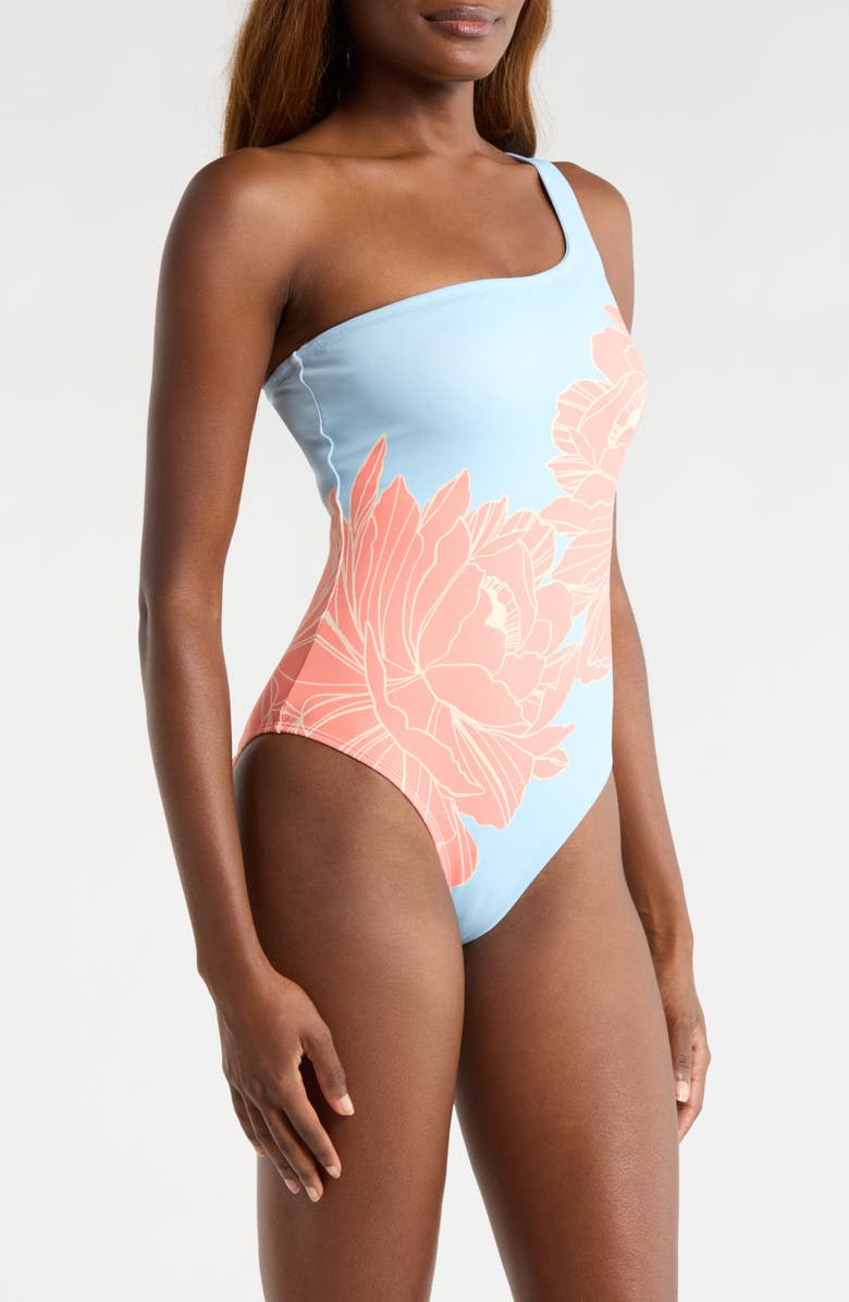Hutch Placement Print One-Shoulder One-Piece Swimsuit, Alternate, color, Sky Blue Peonies