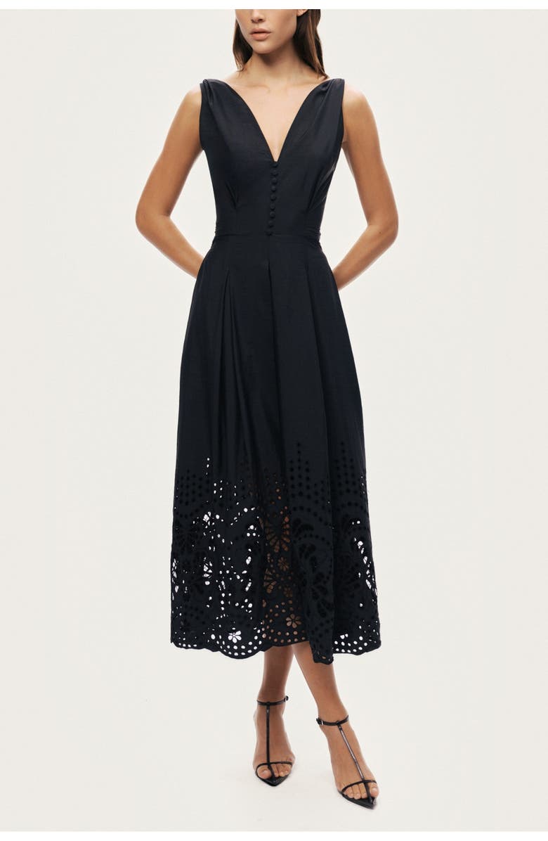 Nocturne Sleeveless Embroidered Midi Dress, Main, color, Black