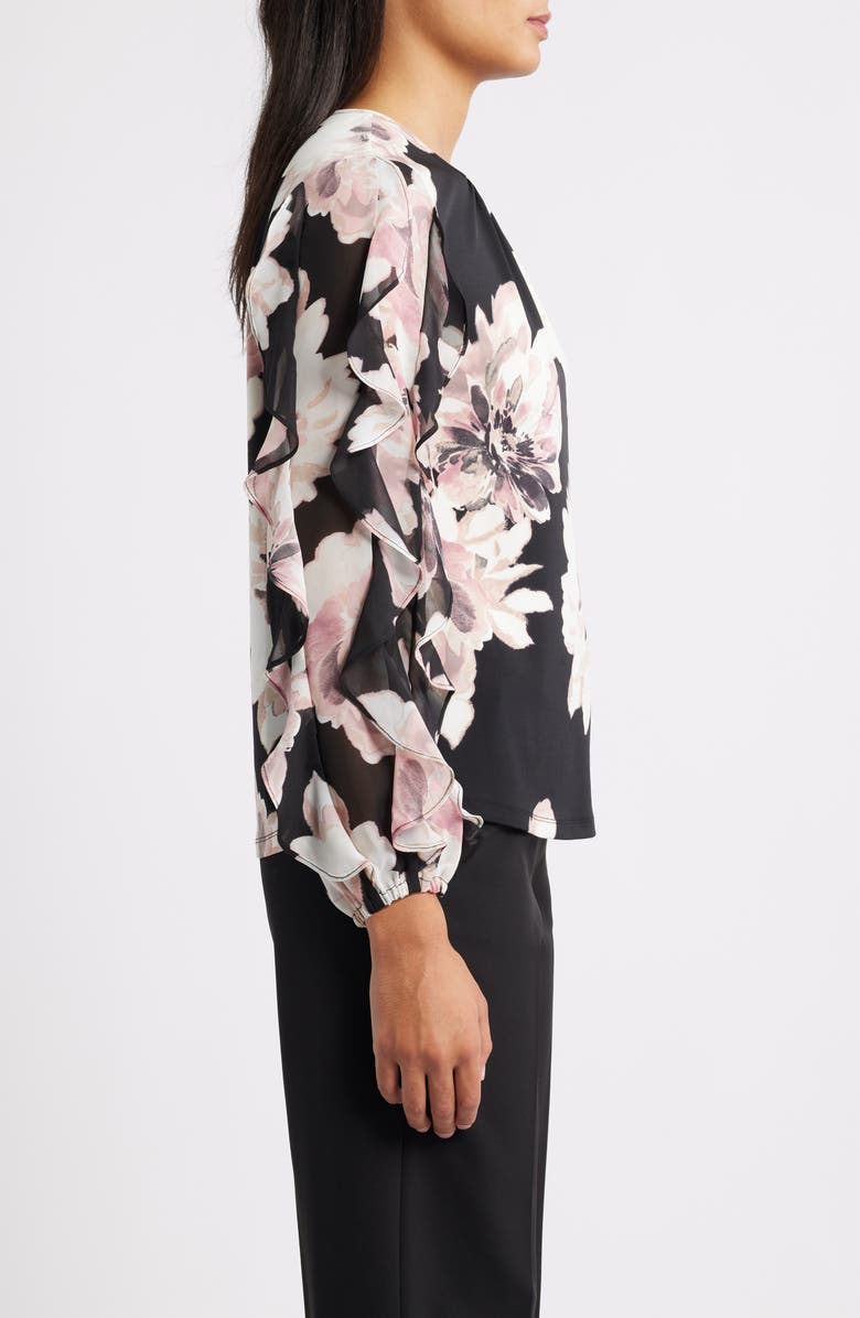 Anne Klein Ruffle Sleeve Floral Print Shirt, Alternate, color, Black Multi/ Black