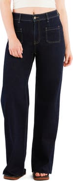 HINT OF BLU Patch Pocket Raw Hem Wide Leg Jeans