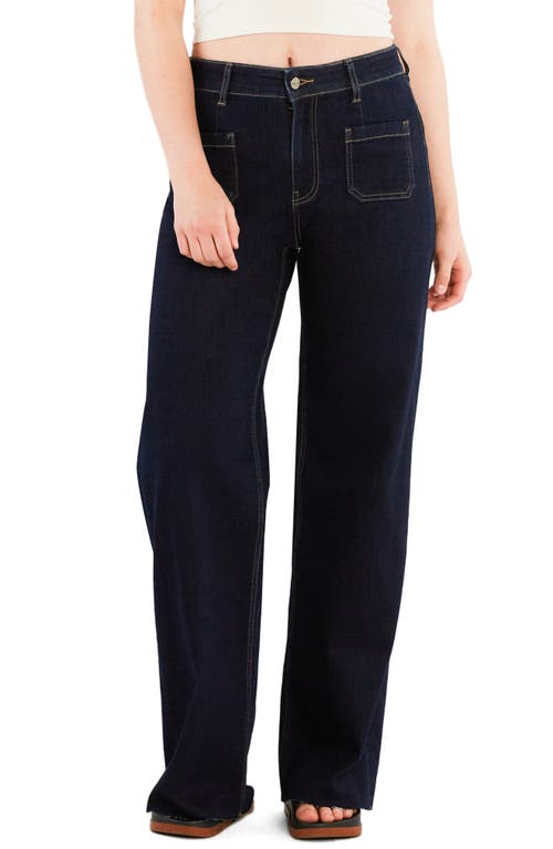 HINT OF BLU Patch Pocket Raw Hem Wide Leg Jeans in Dark Indigo 