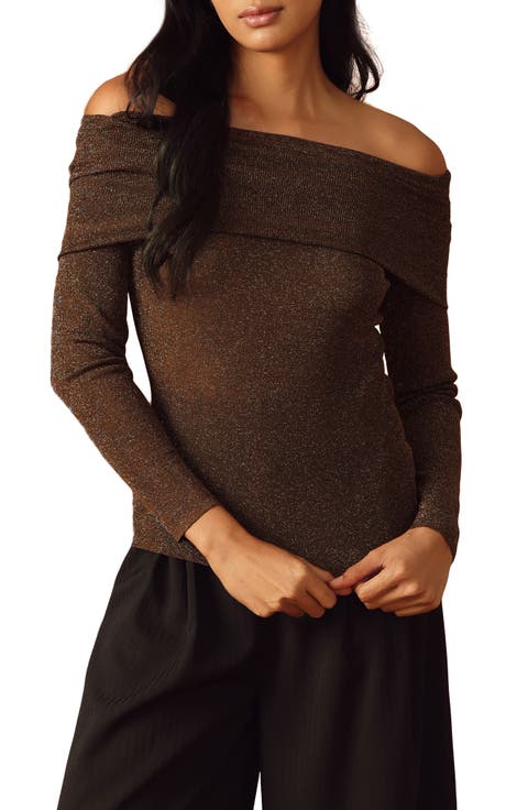 Metallic Foldover Off the Shoulder Sweater