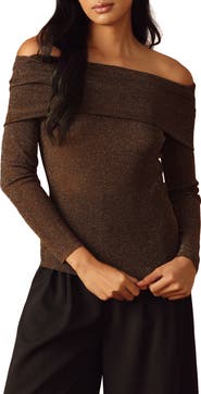 FLYING TOMATO Metallic Foldover Off the Shoulder Sweater
