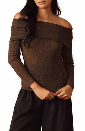 Metallic Foldover Off the Shoulder Sweater