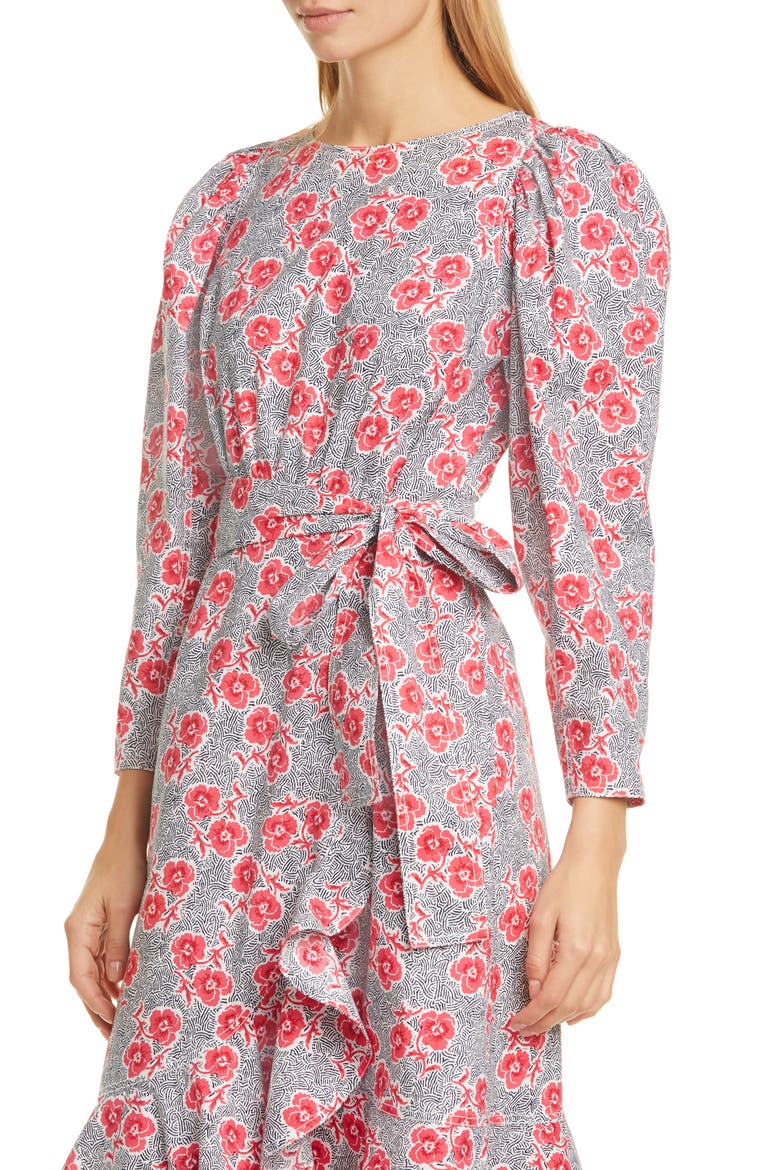 Coral Fleur Long Sleeve Cotton Midi Dress, Alternate, color, SNOW COMBO