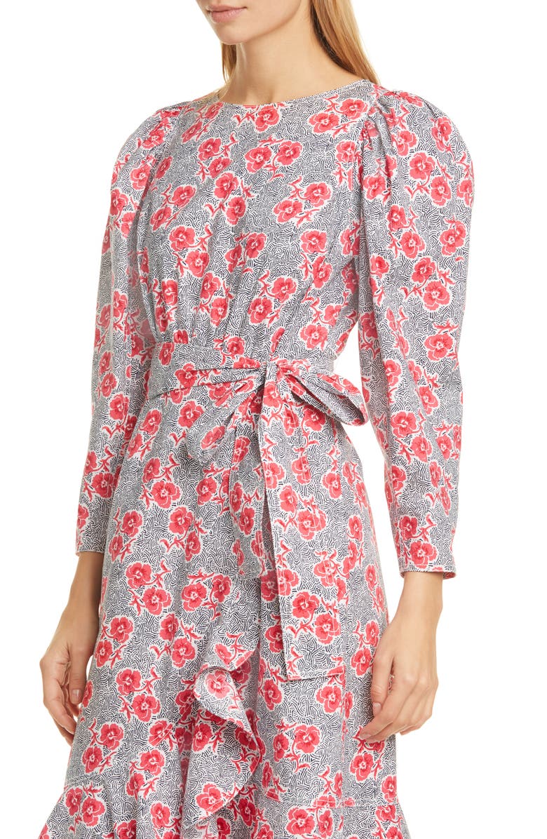 Rebecca Taylor Coral Fleur Long Sleeve Cotton Midi Dress, Alternate, color,