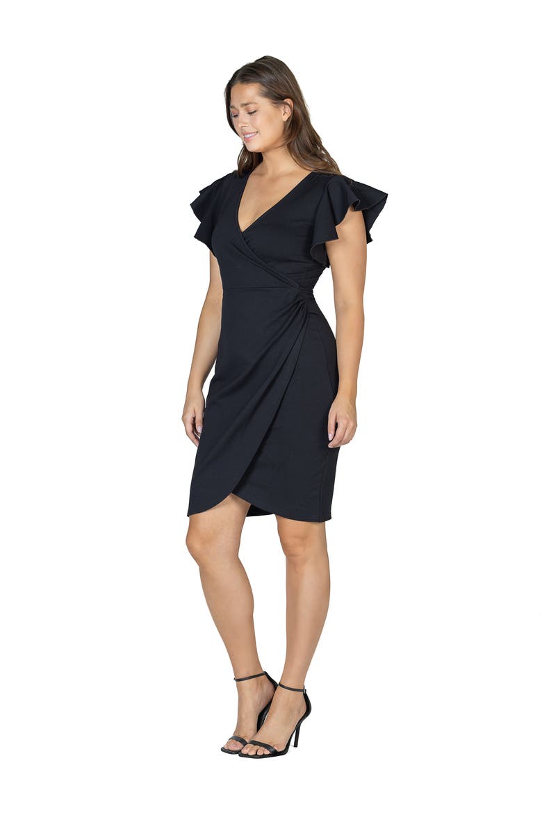 Petite V Neck Ruffle Sleeve Knee Length Dress, Alternate, color, Black