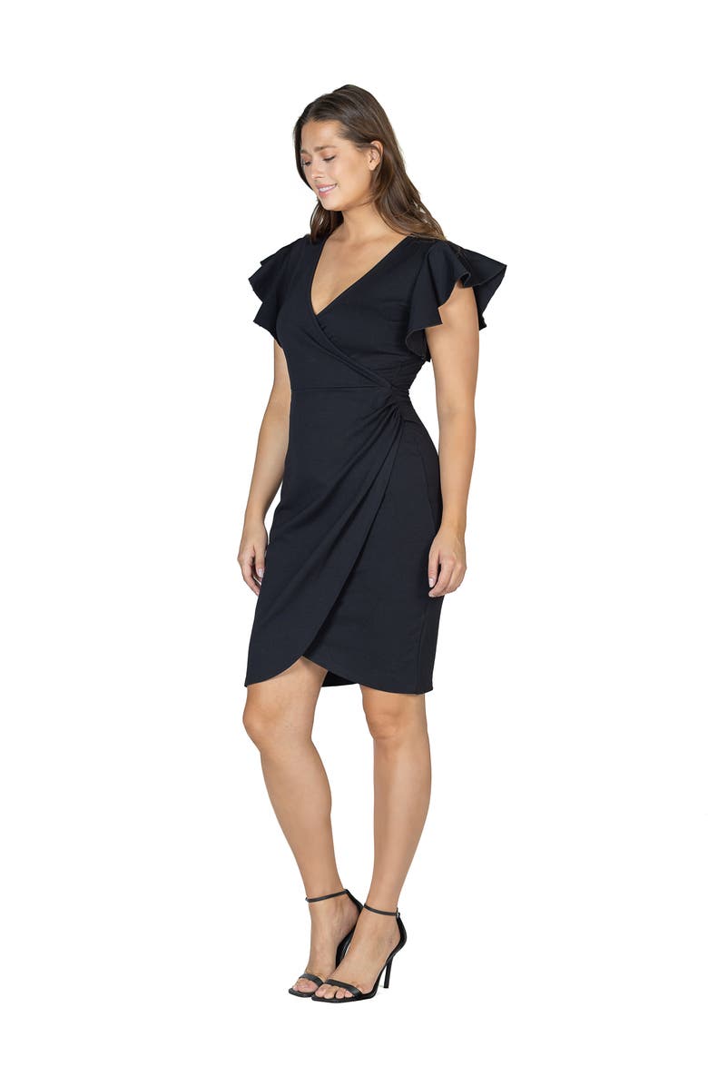24seven Comfort Apparel Petite V Neck Ruffle Sleeve Knee Length Dress, Alternate, color, Black