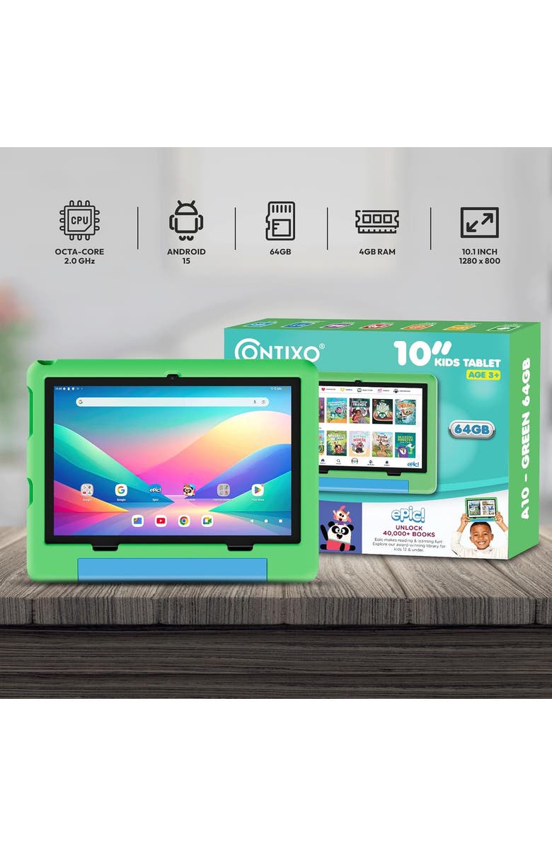 CONTIXO 10.1" Android 15 Tablet with Kids Stand Case, Alternate, color, Green