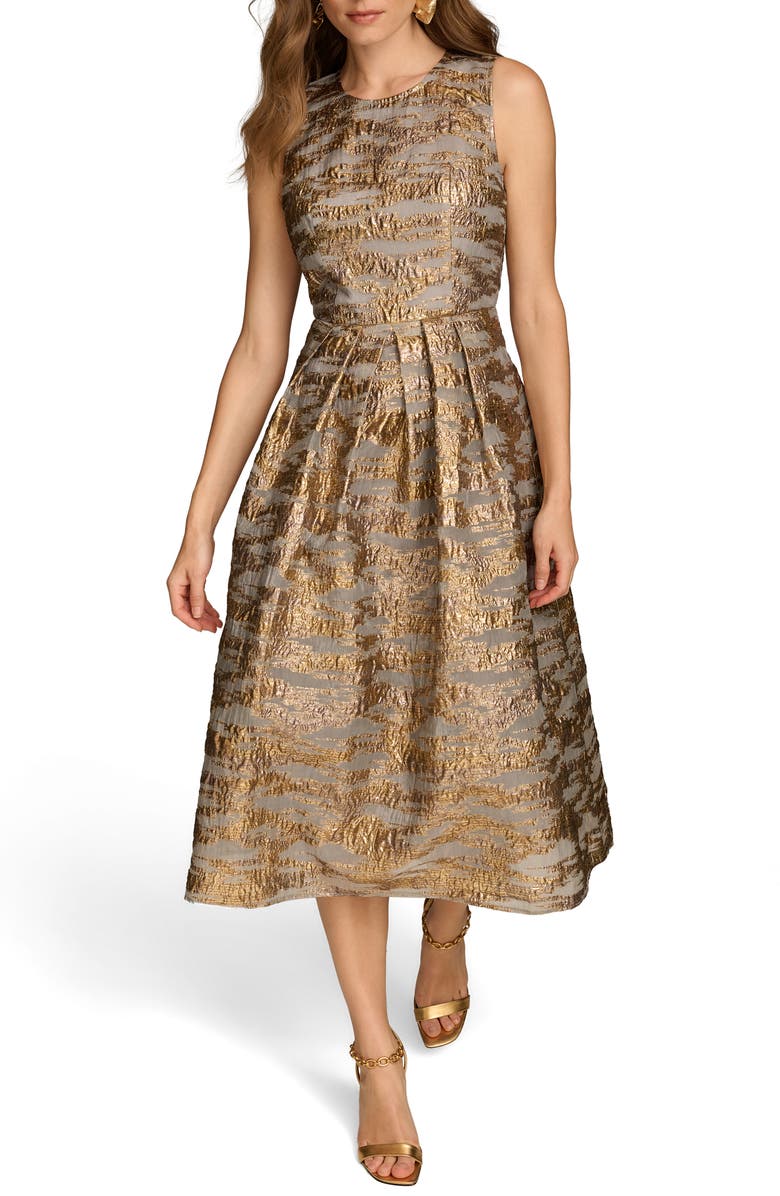 Donna Karan New York Metallic Jacquard Cocktail Midi Dress, Main, color, Gilded