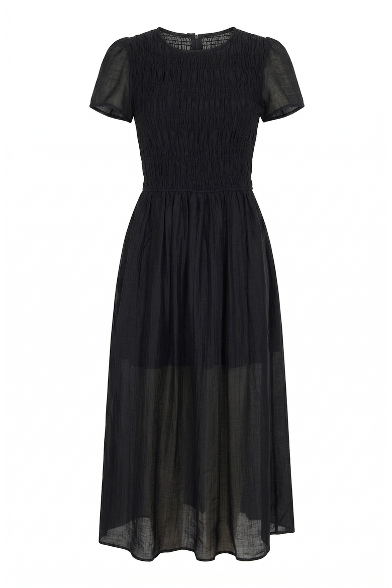Sheer Overlay Midi Dress with Smocked Bodice, Alternate, color, Black