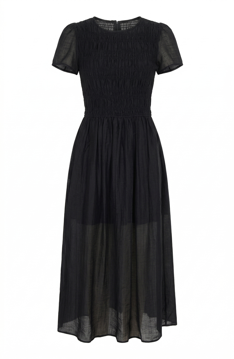 Modenaire Sheer Overlay Midi Dress with Smocked Bodice, Alternate, color, Black